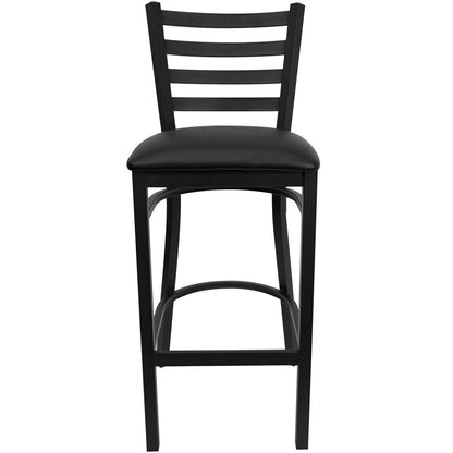 Black Ladder Back Metal Restaurant Barstool - Black Vinyl Seat