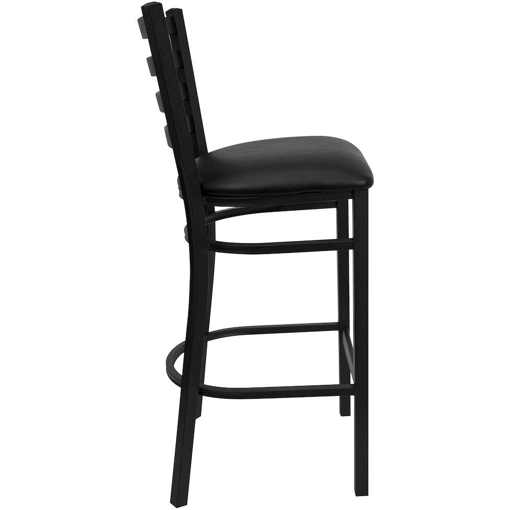 Black Ladder Back Metal Restaurant Barstool - Black Vinyl Seat