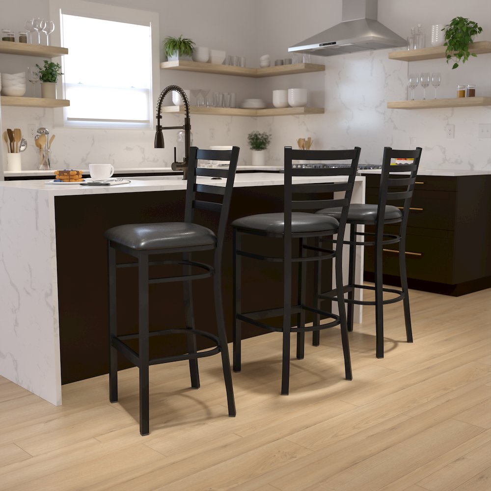 Black Ladder Back Metal Restaurant Barstool - Black Vinyl Seat