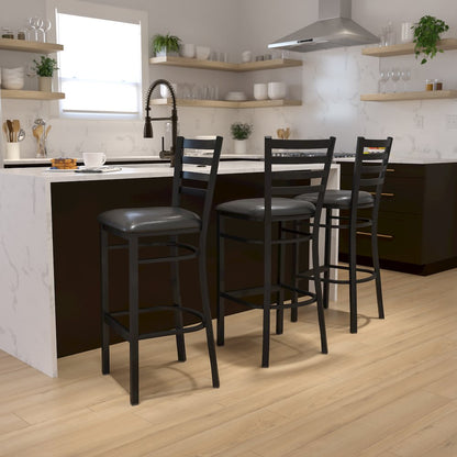 Black Ladder Back Metal Restaurant Barstool - Black Vinyl Seat