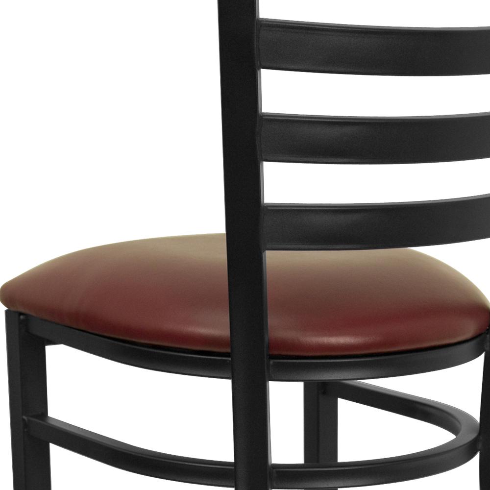Black Ladder Back Metal Restaurant Barstool - Burgundy Vinyl Seat