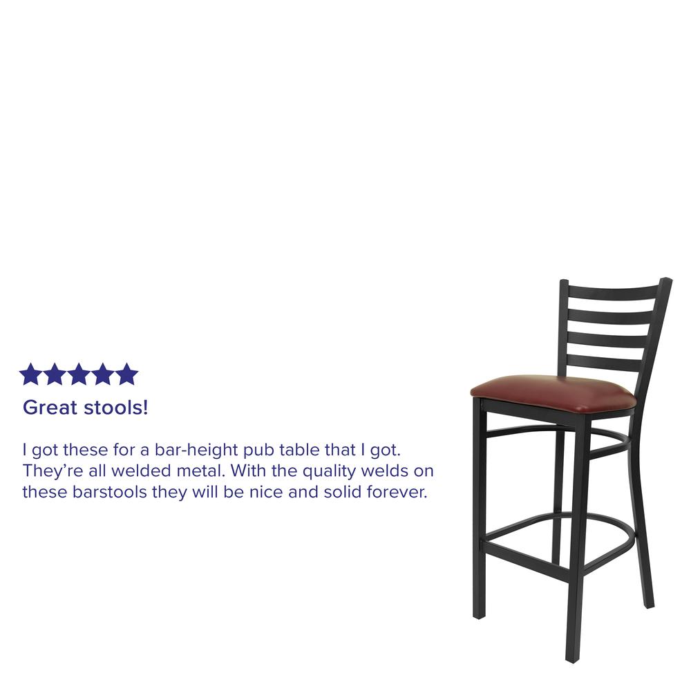 Black Ladder Back Metal Restaurant Barstool - Burgundy Vinyl Seat