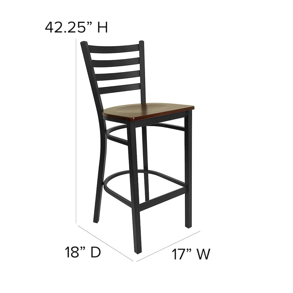 Black Ladder Back Metal Restaurant Barstool - Mahogany Wood Seat
