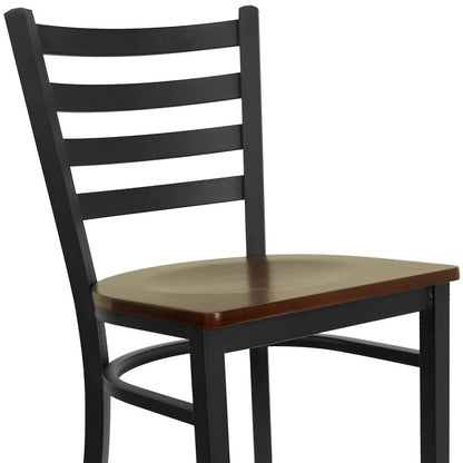 Black Ladder Back Metal Restaurant Barstool - Mahogany Wood Seat