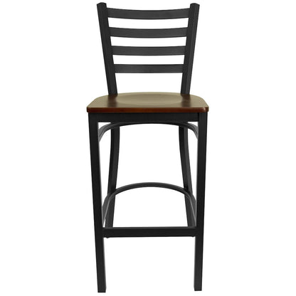 Black Ladder Back Metal Restaurant Barstool - Mahogany Wood Seat