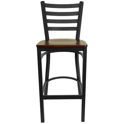 Black Ladder Back Metal Restaurant Barstool - Mahogany Wood Seat