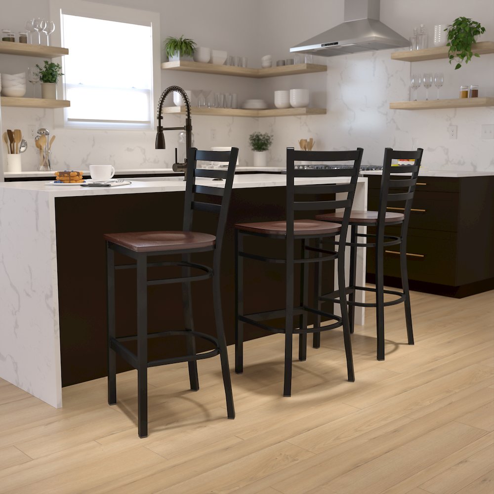 Black Ladder Back Metal Restaurant Barstool - Mahogany Wood Seat