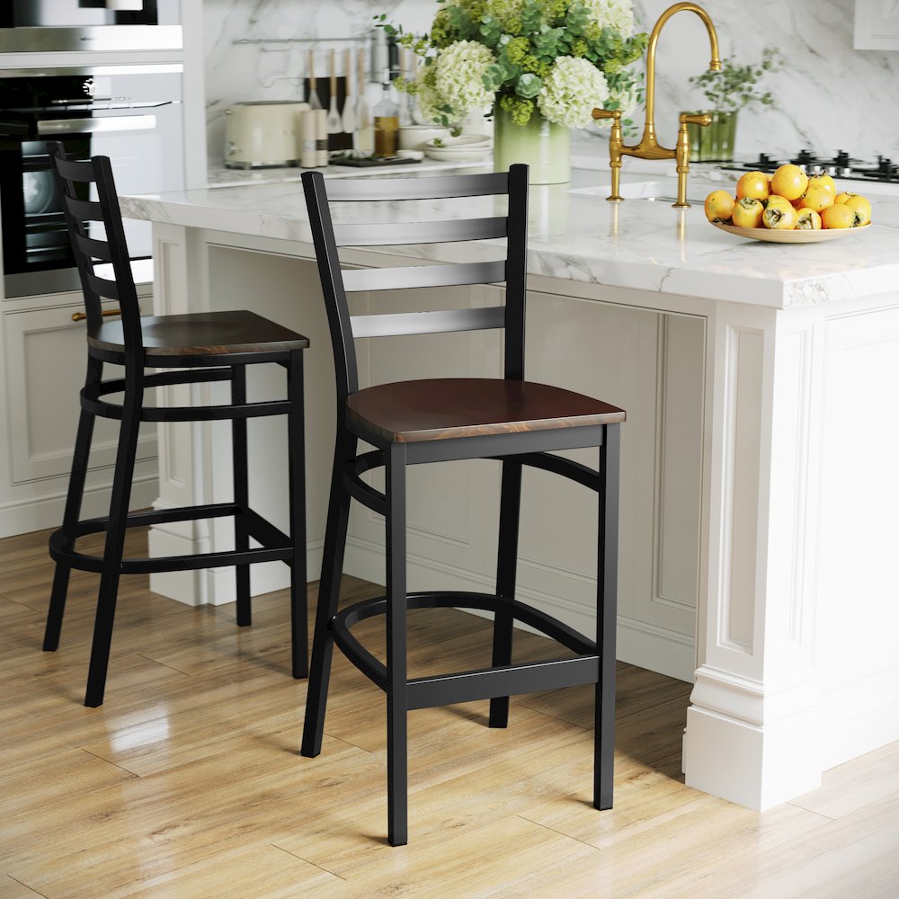 Black Ladder Back Metal Restaurant Barstool - Mahogany Wood Seat