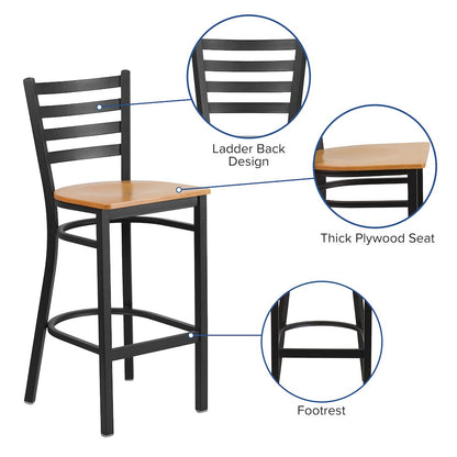 Black Ladder Back Metal Restaurant Barstool - Natural Wood Seat