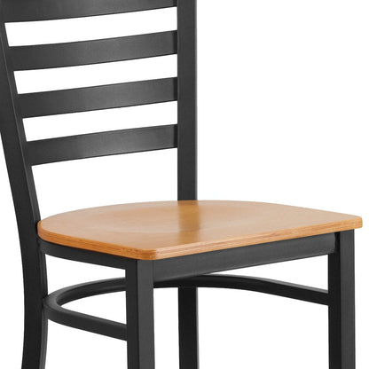 Black Ladder Back Metal Restaurant Barstool - Natural Wood Seat