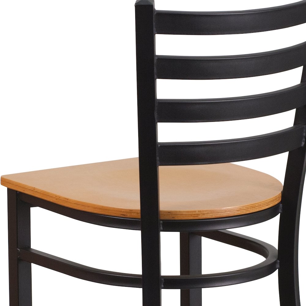 Black Ladder Back Metal Restaurant Barstool - Natural Wood Seat
