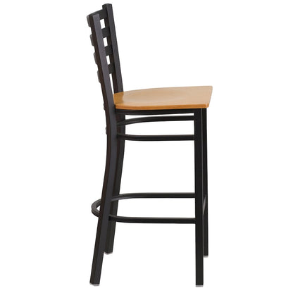 Black Ladder Back Metal Restaurant Barstool - Natural Wood Seat