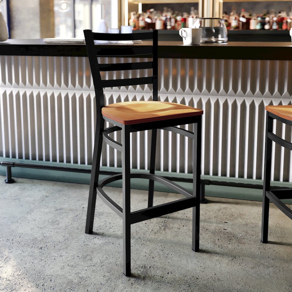Black Ladder Back Metal Restaurant Barstool - Natural Wood Seat