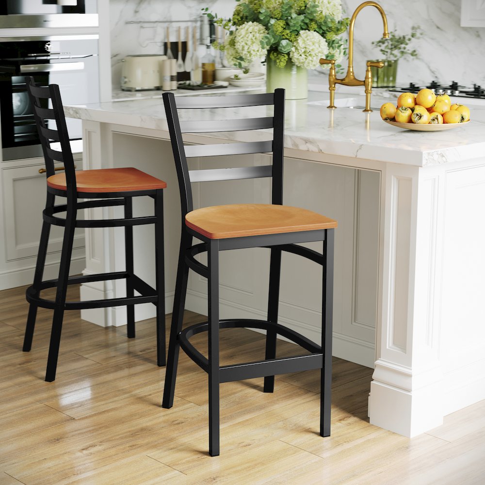 Black Ladder Back Metal Restaurant Barstool - Natural Wood Seat