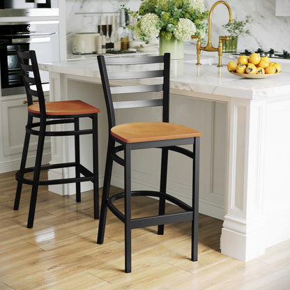 Black Ladder Back Metal Restaurant Barstool - Natural Wood Seat