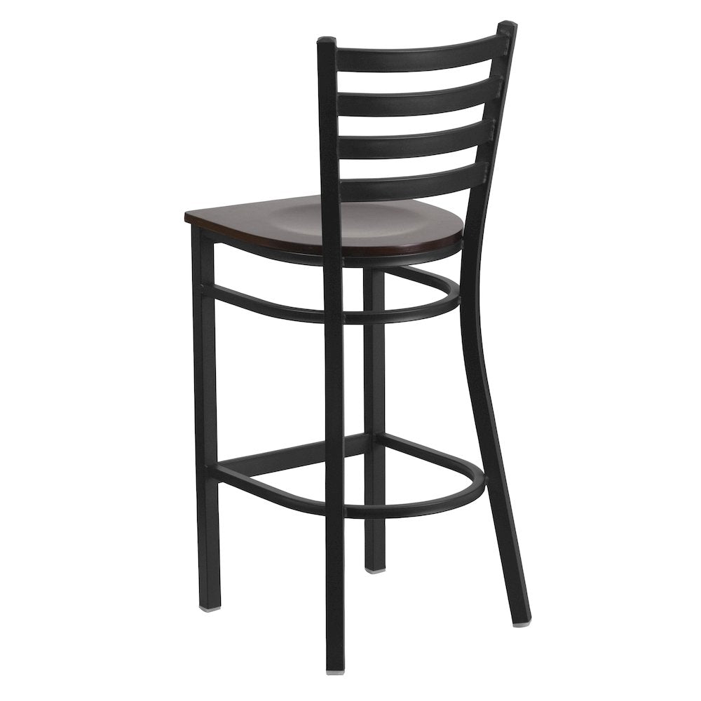 Black Ladder Back Metal Restaurant Barstool - Walnut Wood Seat