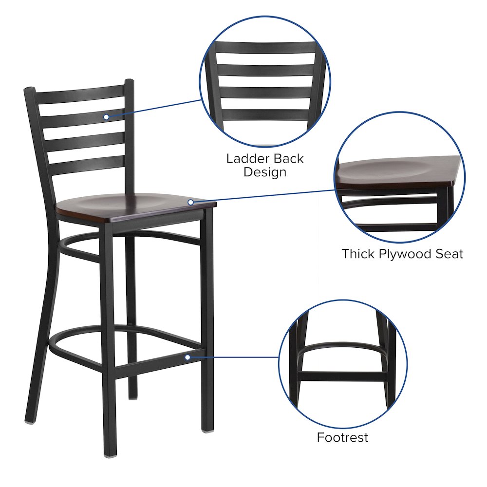 Black Ladder Back Metal Restaurant Barstool - Walnut Wood Seat