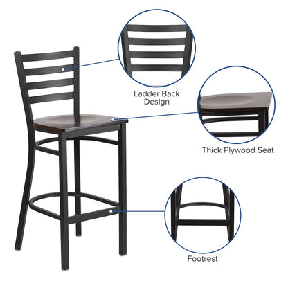 Black Ladder Back Metal Restaurant Barstool - Walnut Wood Seat
