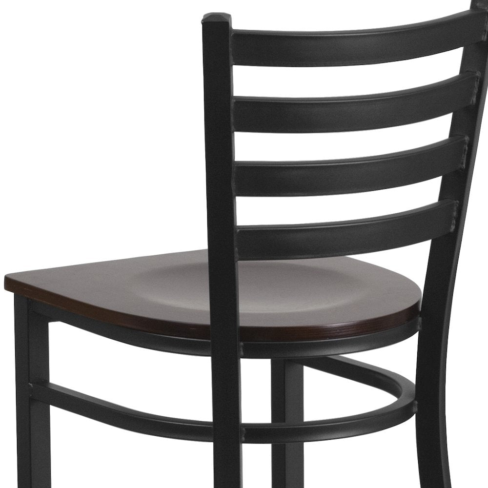 Black Ladder Back Metal Restaurant Barstool - Walnut Wood Seat