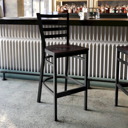 Black Ladder Back Metal Restaurant Barstool - Walnut Wood Seat