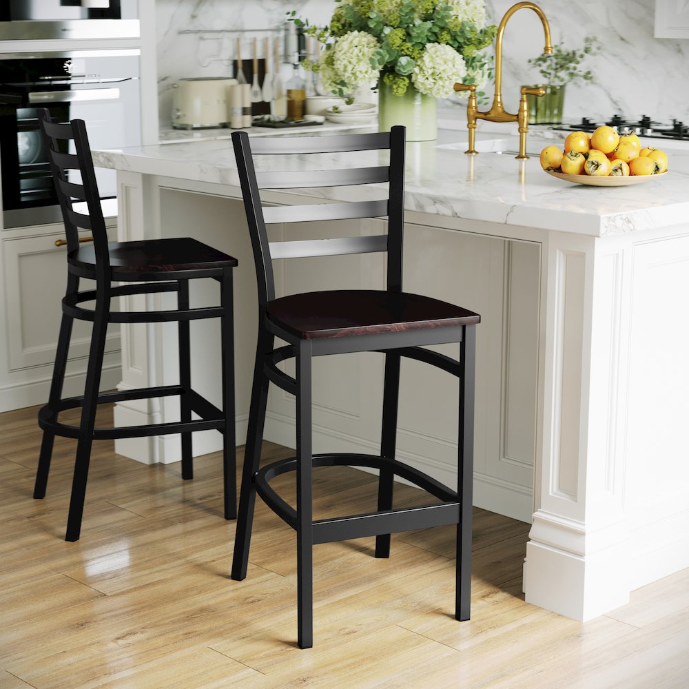 Black Ladder Back Metal Restaurant Barstool - Walnut Wood Seat