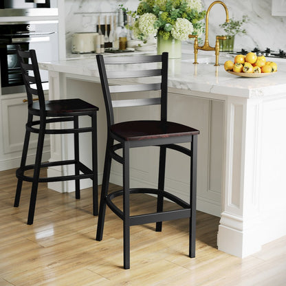Black Ladder Back Metal Restaurant Barstool - Walnut Wood Seat