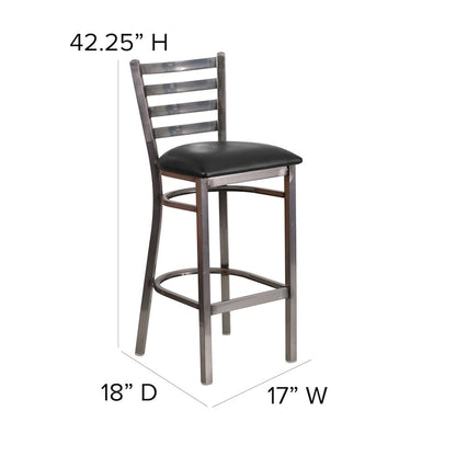Clear Coated Ladder Back Metal Restaurant Barstool - Black Vinyl Seat