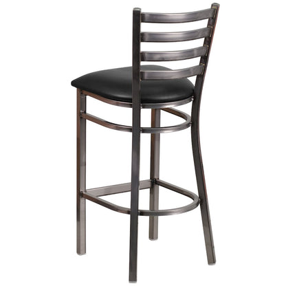 Clear Coated Ladder Back Metal Restaurant Barstool - Black Vinyl Seat