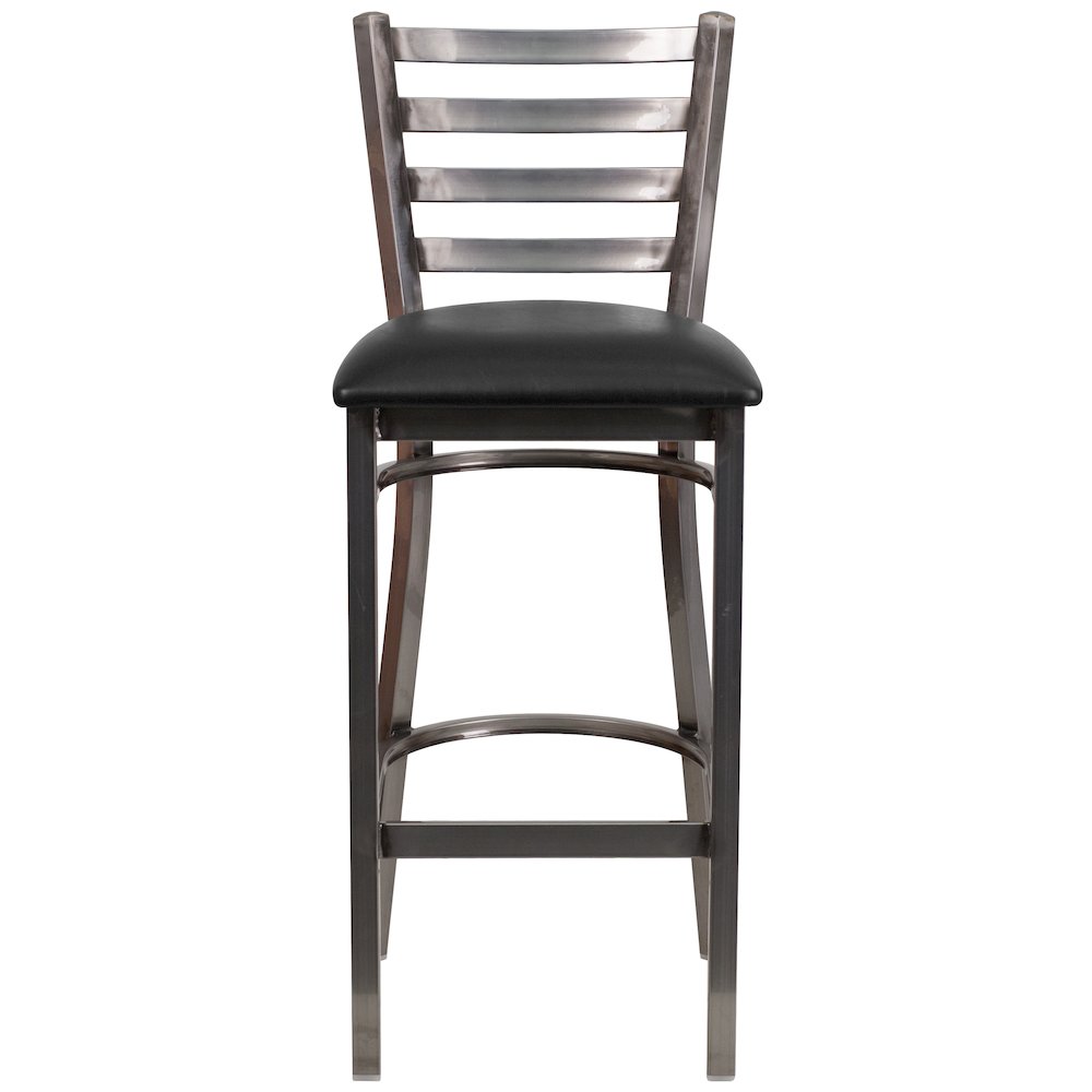 Clear Coated Ladder Back Metal Restaurant Barstool - Black Vinyl Seat