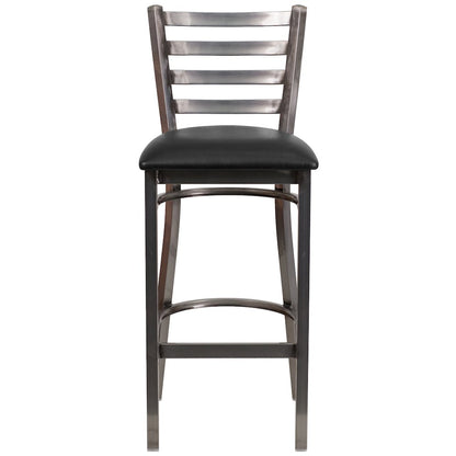 Clear Coated Ladder Back Metal Restaurant Barstool - Black Vinyl Seat