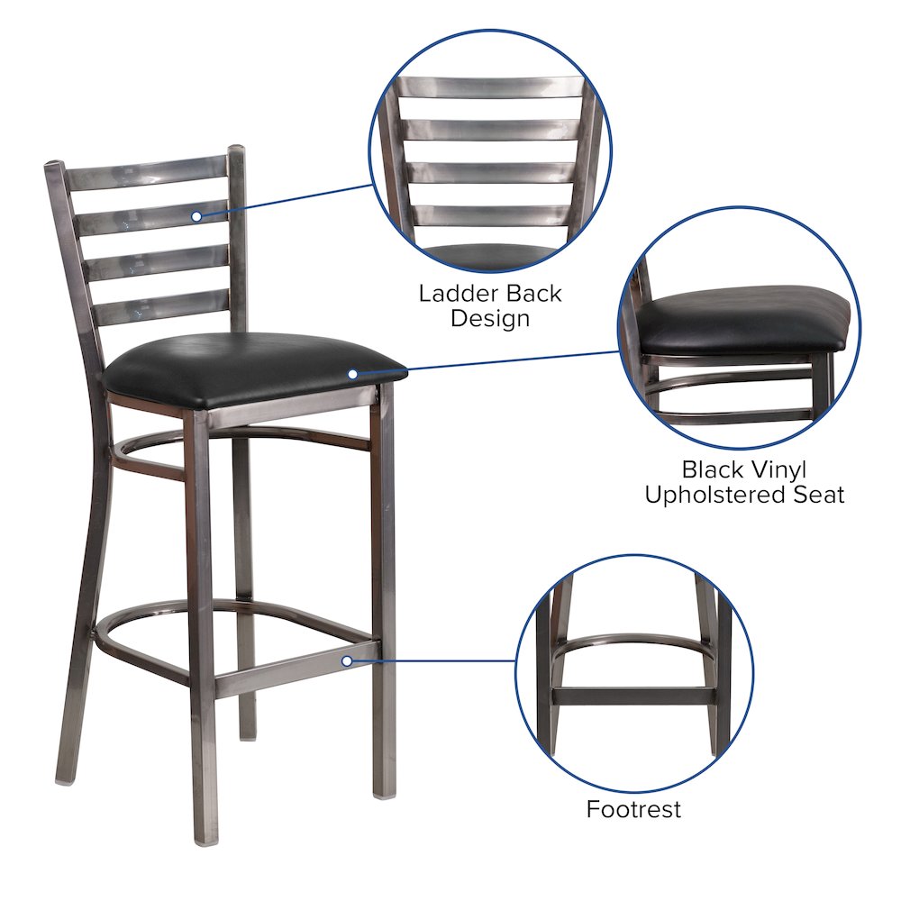 Clear Coated Ladder Back Metal Restaurant Barstool - Black Vinyl Seat