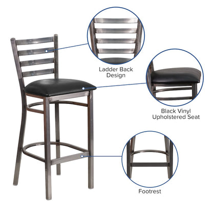 Clear Coated Ladder Back Metal Restaurant Barstool - Black Vinyl Seat