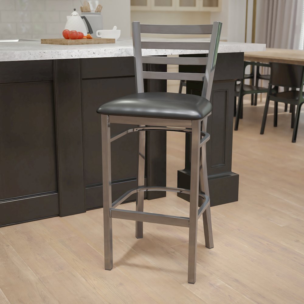Clear Coated Ladder Back Metal Restaurant Barstool - Black Vinyl Seat