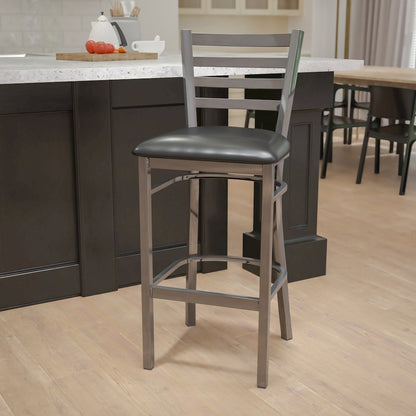 Clear Coated Ladder Back Metal Restaurant Barstool - Black Vinyl Seat
