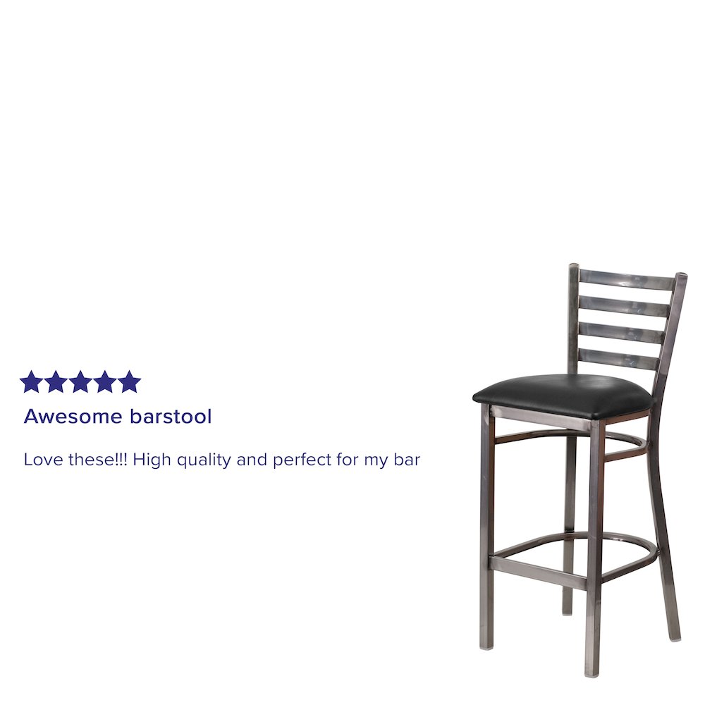 Clear Coated Ladder Back Metal Restaurant Barstool - Black Vinyl Seat