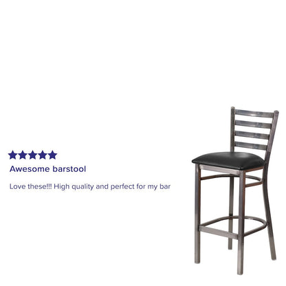 Clear Coated Ladder Back Metal Restaurant Barstool - Black Vinyl Seat