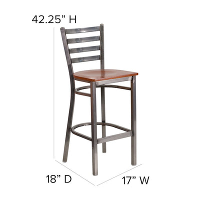 Clear Coated Ladder Back Metal Restaurant Barstool - Cherry Wood Seat