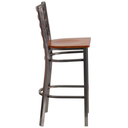 Clear Coated Ladder Back Metal Restaurant Barstool - Cherry Wood Seat