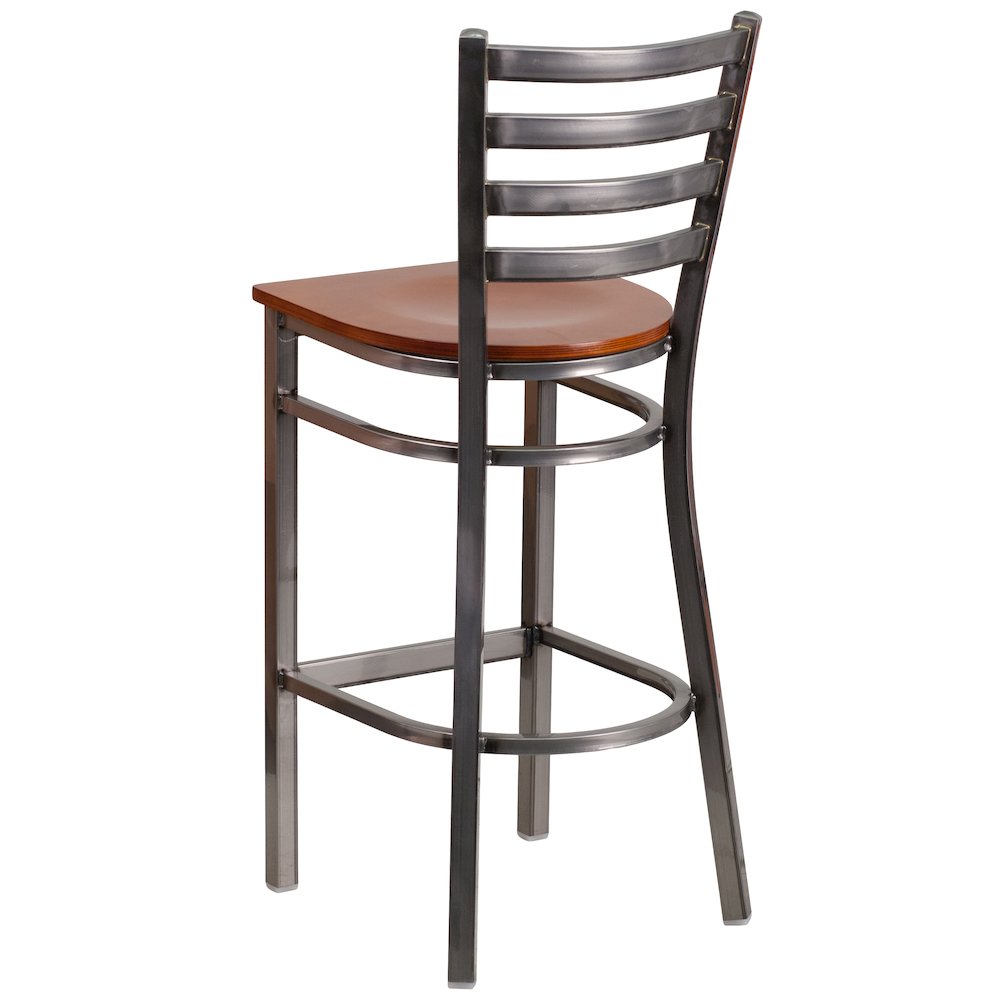 Clear Coated Ladder Back Metal Restaurant Barstool - Cherry Wood Seat
