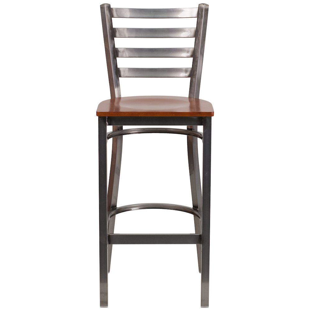 Clear Coated Ladder Back Metal Restaurant Barstool - Cherry Wood Seat