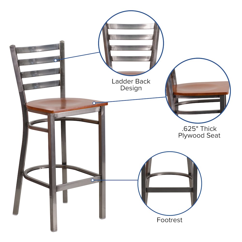 Clear Coated Ladder Back Metal Restaurant Barstool - Cherry Wood Seat