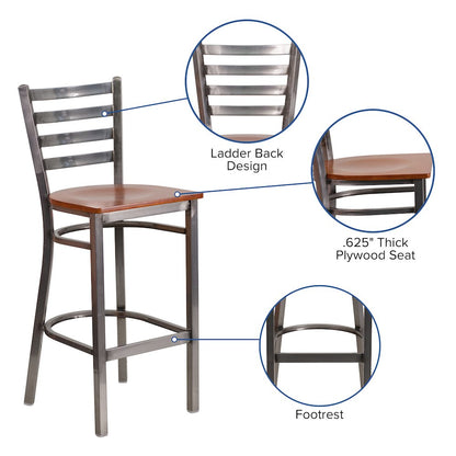 Clear Coated Ladder Back Metal Restaurant Barstool - Cherry Wood Seat