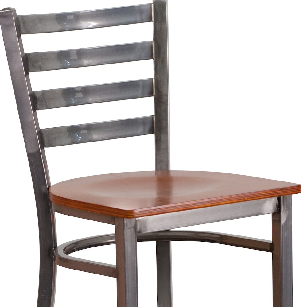 Clear Coated Ladder Back Metal Restaurant Barstool - Cherry Wood Seat