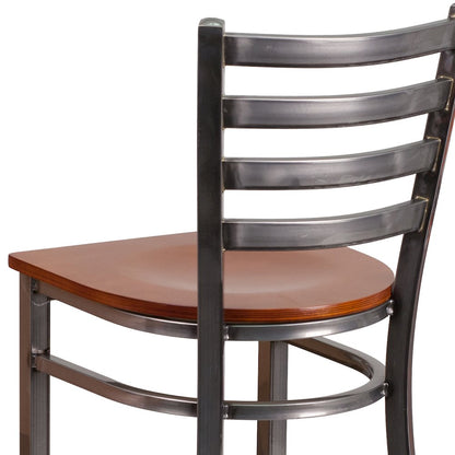 Clear Coated Ladder Back Metal Restaurant Barstool - Cherry Wood Seat
