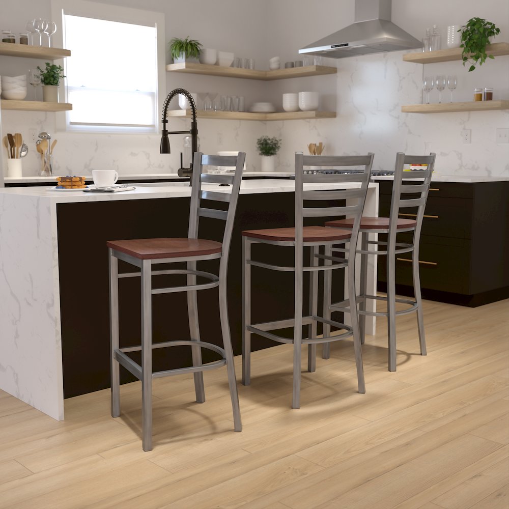 Clear Coated Ladder Back Metal Restaurant Barstool - Cherry Wood Seat