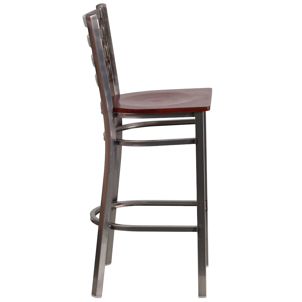 Clear Coated Ladder Back Metal Restaurant Barstool - Mahogany Wood Seat