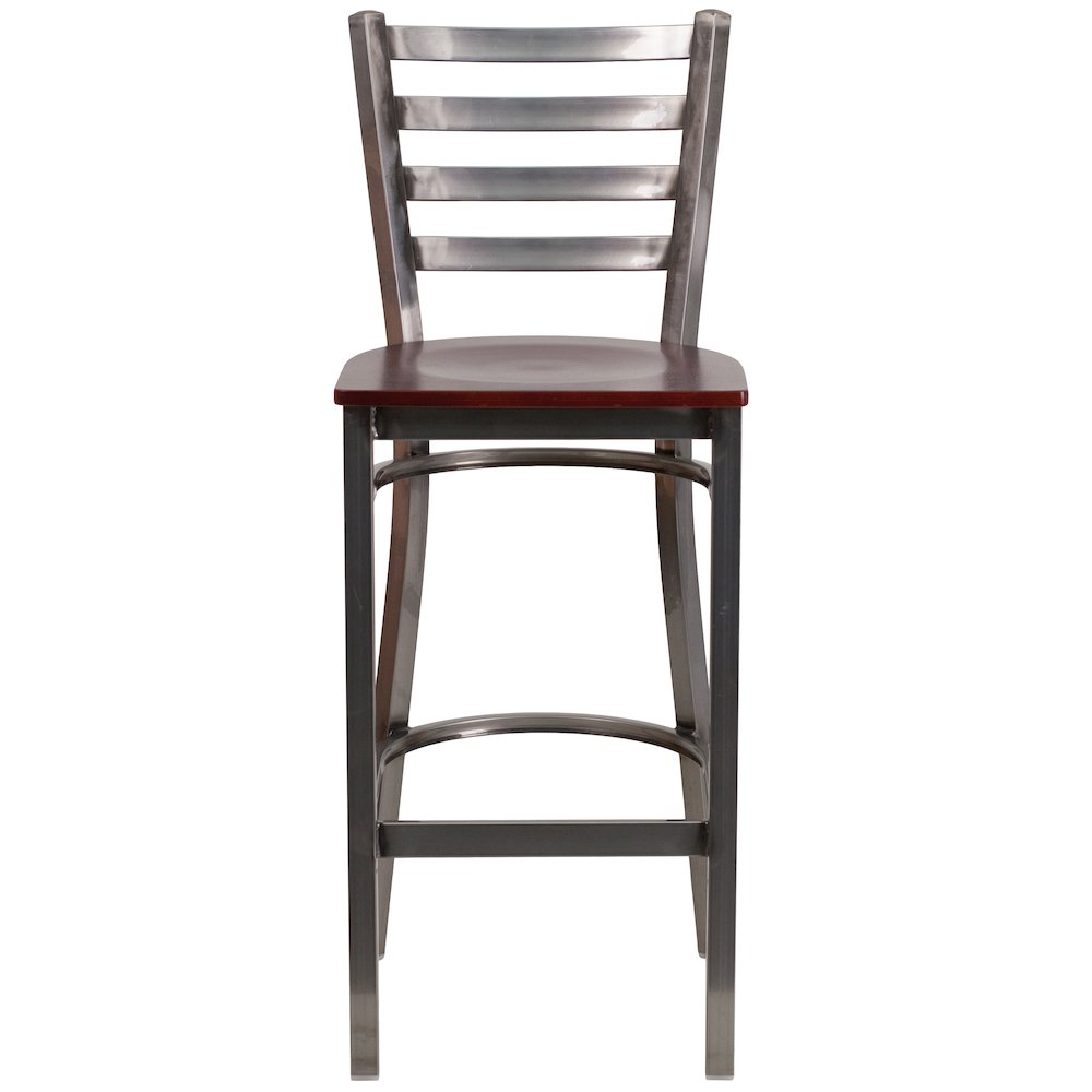 Clear Coated Ladder Back Metal Restaurant Barstool - Mahogany Wood Seat