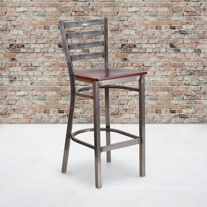 Clear Coated Ladder Back Metal Restaurant Barstool - Mahogany Wood Seat