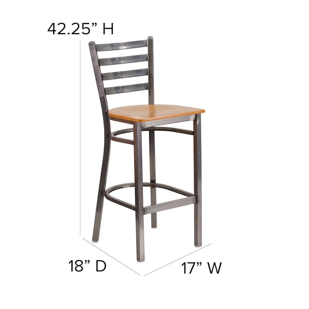 Clear Coated Ladder Back Metal Restaurant Barstool - Natural Wood Seat
