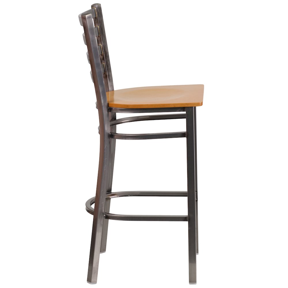 Clear Coated Ladder Back Metal Restaurant Barstool - Natural Wood Seat